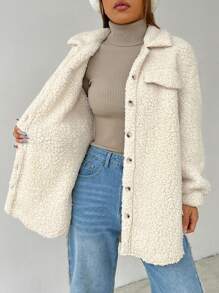 SHEIN PETITE Dropped Shoulder Flap Detail Teddy Fur Coat - Apricot - View 8