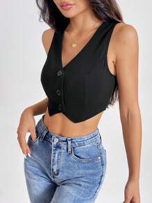 SHEIN PETITE Summer Black Crop Top , Solid Button Front Crop Waistcoat In Fall/Winter - Black - View 3