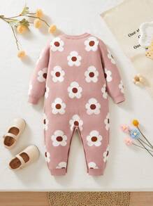 SHEIN Newborn Baby Girl Cute Floral Print Pink Footed Romper, Autumn & Winter