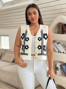 SHEIN Essnce Plus Size Women's Front Button Sleeveless Floral Pattern Casual Knit Top - White - View 1