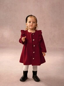 SHEIN 2pcs Baby Girl Front Button Long Sleeve Ruffle Trim Solid Dress & Plaid Print Jacket Outfit - Red - View 6