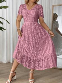 Cravure Plus Size Women Summer V-Neck Short Sleeve Lace Ruffle Hem Elegant Dress Maxi Women Outfit Wedding - Dusty Pink - View 3