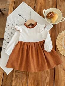 SHEIN Babygirl Autumn/Winter Cute Corduroy Color Block Ruffle Hem Long Sleeve Dress - Brown - View 2