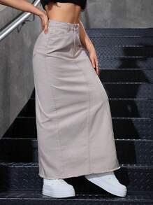 SHEIN EZwear 春秋休闲纯色长款牛仔半身裙 - 卡其色 - 查看 7