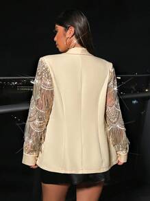 Allurite Elegant Plus Size Women's Shiny Sequin Patchwork Double-Breasted Long Sleeve Blazer Jacket, Suitable For Prom