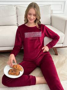 RueChic 2Pcs Velvet Contrast Colour Slogan Printed Homewear Set - Burgundy - View 4