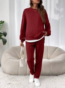 SHEIN 2 件套孕妇简约圆领长袖上衣和裤子套装 - 乾枯玫瑰色 - 查看 7