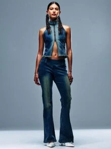 TypaGal Vintage Cotton Low Waisted Denim Flared Jeans - Blue - View 9