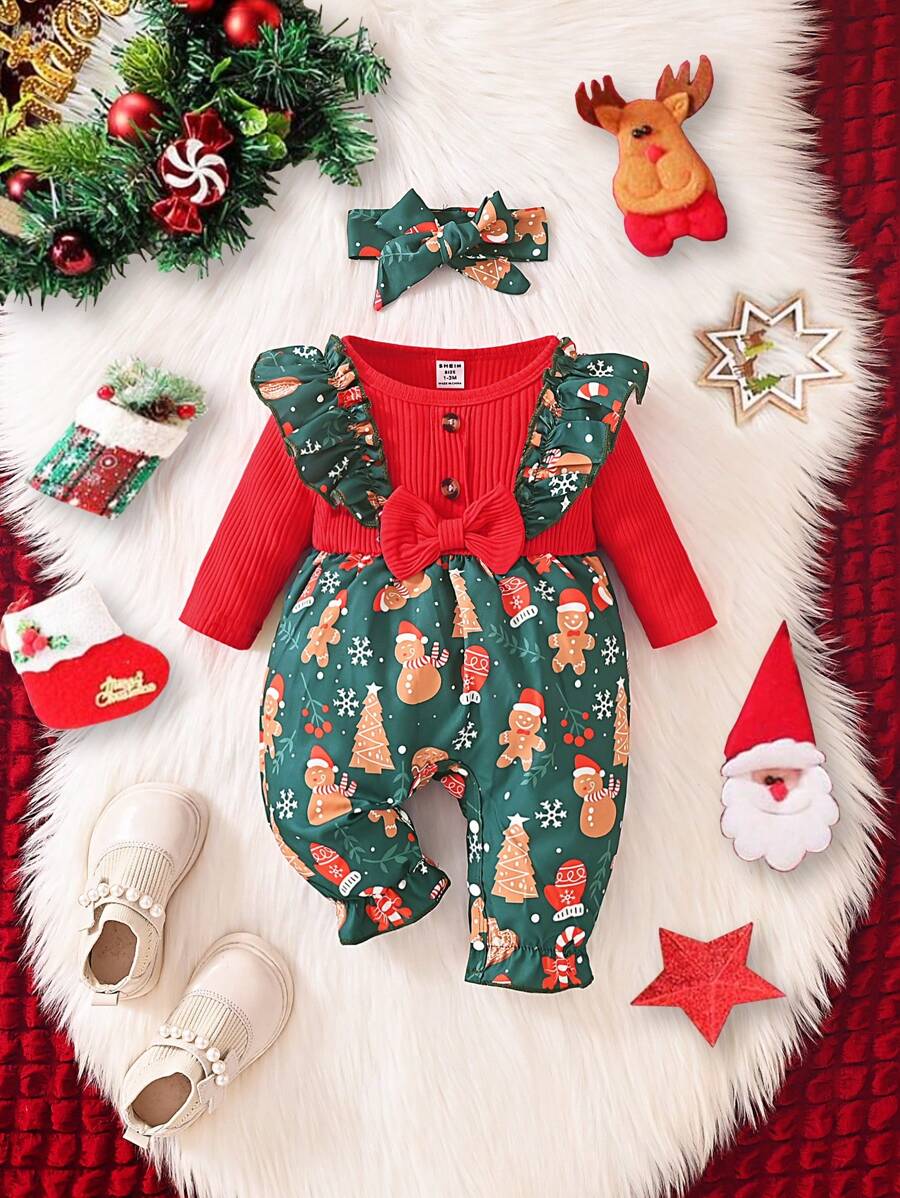 Bộ đồ liền thân in hoa cổ tròn tay dài nơ xếp nếp dễ thương cho bé gái - màu xanh lá - Xem 1