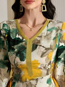 Al Najma Tie Dye Print Dress With Gold Edge Ribbon Side Tie-Up Fall Cloth For Women - Dark Green - View 8