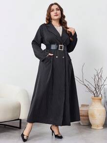 Al Najma Plus Size Arabian Striped Double-Breasted Long Casual Modest Long Sleeve Dress, Spring Autumn Abayas - Black - View 4