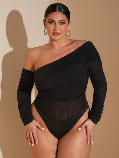 SHEIN BAE 大码女装大码女装优雅秋冬长袖黑色紧身衣褶皱装饰长袖紧身衣半透明性感紧身衣优雅穿着女性化女式紧身衣