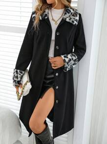 EMERY ROSE Damen Leopardenmuster Fluffy Patchwork Lange Ärmel Lange Wolljacke, Herbst Winter