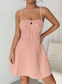 Calvaya Vestido informal de tirantes de espagueti con volantes y lazo en la parte delantera, unicolor, de verano, para mujer