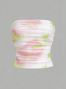 SHEIN Essnce 休闲夏季网眼扎染褶皱无肩带露脐上衣，白色外出上衣 - 彩色 - 查看 1