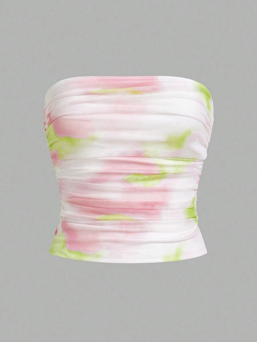 SHEIN Essnce 休闲夏季网眼扎染褶皱无肩带露脐上衣，白色外出上衣 - 彩色 - 查看 1