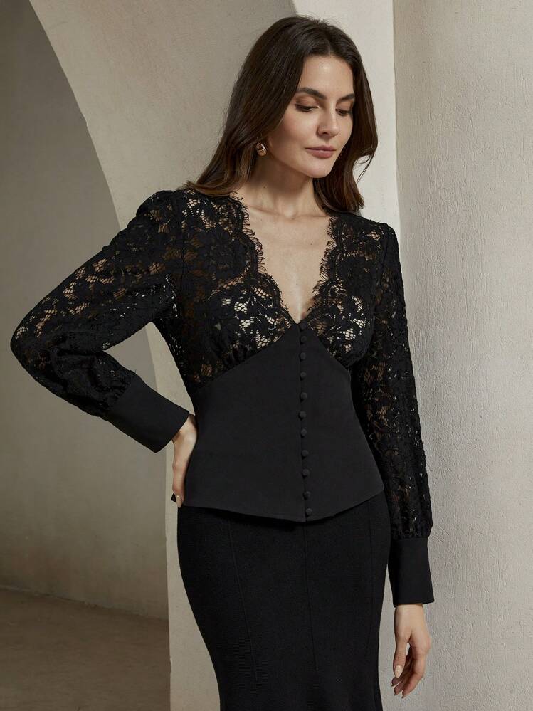 Anewsta بلوزة نسائية مزينة بالدانتيل على الرقبة على شكل حرف V وخصر مشدود، مناسبة لمناسبات رأس السنة والربيع والصيف وعيد الحب، باللون الأسود والطباعة الجرافيكية، للحفلات - الأسود - مشاهدة 5