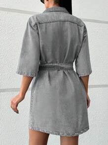 EURMUSE 夏季休闲水洗前扣牛仔连衣裙 - 灰色 - 查看 2