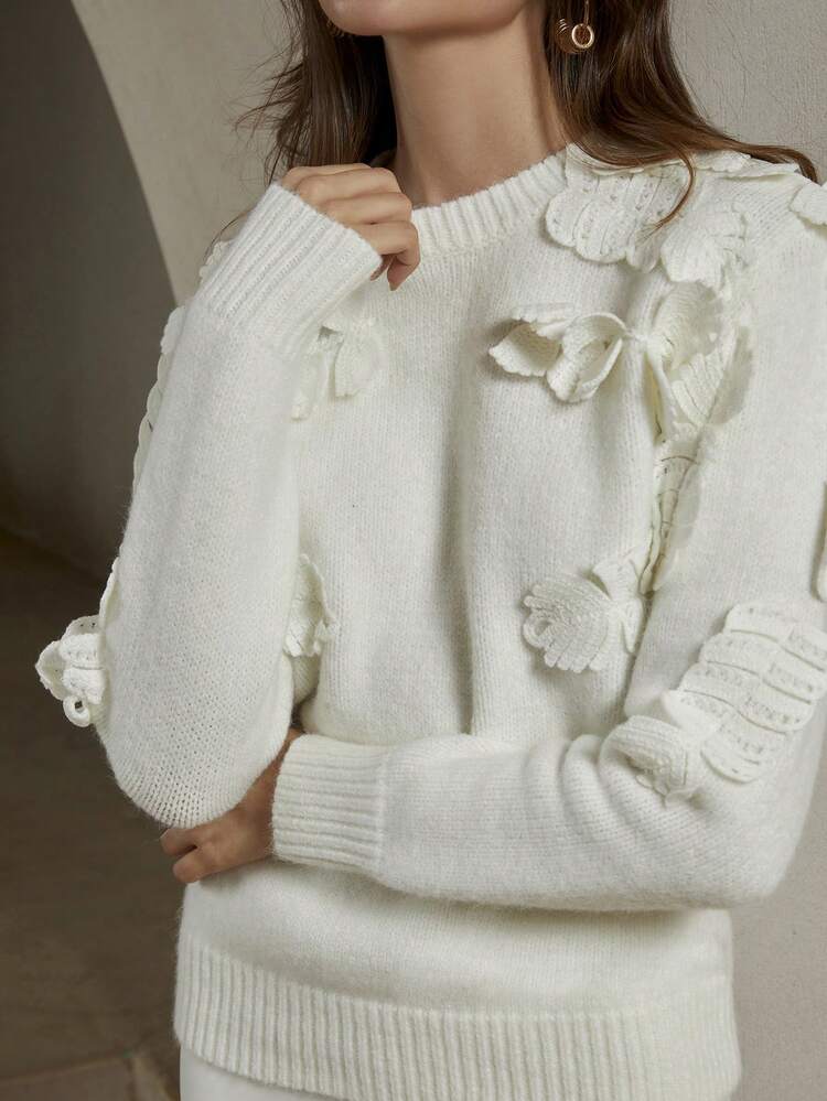 Women's Solid Color 3D Decor Round Neck Long Sleeve Simple Casual Jacquard Knitted Sweater, Fall Winter