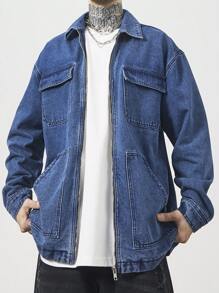 Manfinity EMRG 男士休闲落肩宽松牛仔夹克，秋季 - 藍色 - 查看 5