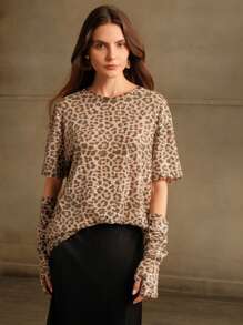 Anewsta Women's Korean Style Niche Embellished Leopard Print Blouse T-Shirt With Puff Sleeves