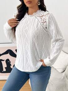 SHEIN Frenchy Áo thun ren dài tay thanh lịch màu trơn cỡ lớn cho nữ, mùa xuân/thu - trắng - Xem 5