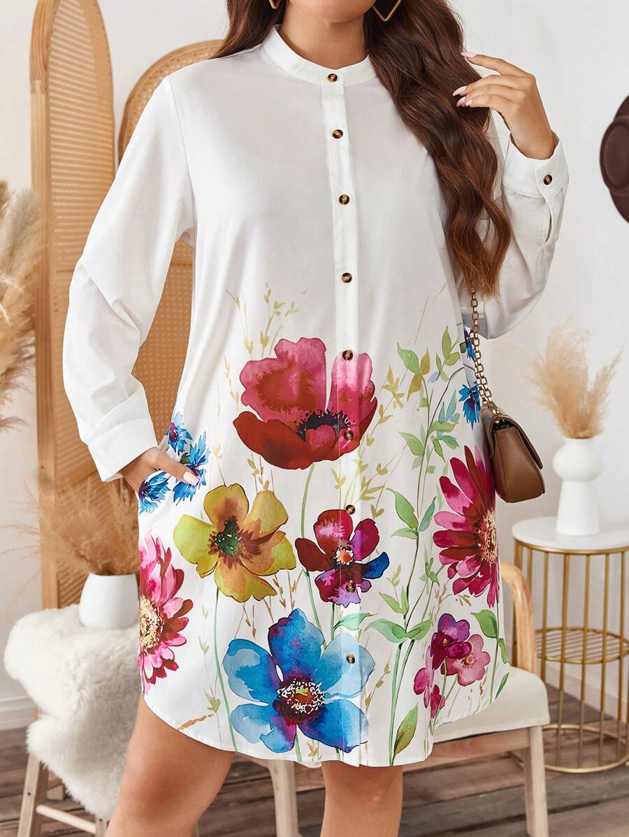 SHEIN LUNE 加大码花卉印花前开领长袖连衣裙圣诞女装圣诞连衣裙节日装节日派对连衣裙加大码 - 彩色 - 查看 1