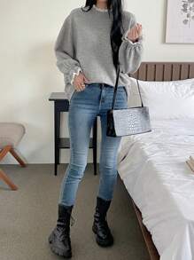 DAZY Women's Solid Color Splice Long Sleeve Casual Pullover Sweater,Fall Clothes - Grey - View 7