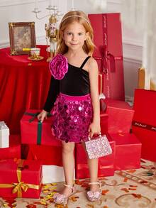 SHEIN 年轻女孩优雅派对礼服套装，长袖天鹅绒荷叶边上衣 + 迷你亮片裙，适合圣诞节假期、家庭聚会、舞台表演和礼物 - 彩色 - 查看 6