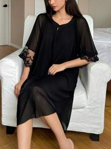 DAZY Loose Fit Long Sleeve Mesh Contrast Mid-Length Nightgown - Black - View 4