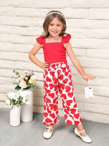 SHEIN Toddler Girls Ruffle Trim Top & Heart Print Belted Trousers - Multicolor - View 5