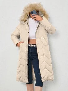 EURMUSE Fuzzy Trim Hooded Zip Up Puffer Coat - White - View 3