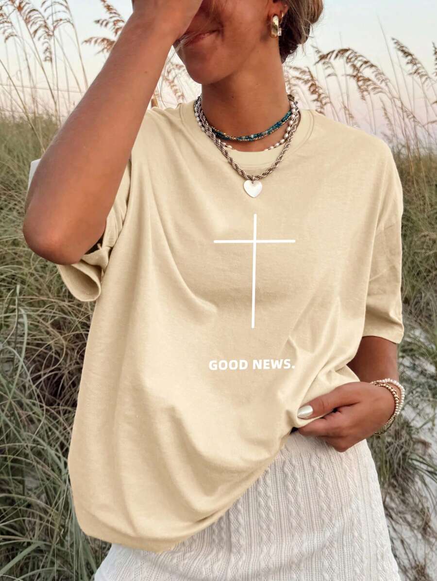 INAWLY Áo thun tay ngắn in chữ thập và chữ thường mùa hè - Màu be - Xem 1