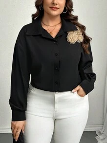 SHEIN Privé 大码女式杏色3D花卉装饰法式黑色衬衫，秋冬新品 - 黑色 - 查看 1