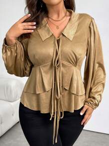 SHEIN Privé Plus Size Elegant Office Lady Academic Style Vintage Autumn Long Sleeve Shirt Collar Bow Tie Layered Ruffle Trim Jacket