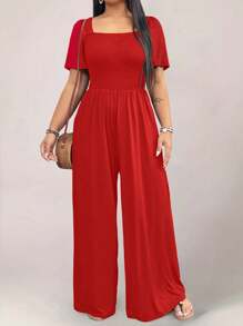 SHEIN Clasi Bộ đồ liền thân tay đèn lồng màu trơn cỡ lớn cho quần áo năm mới - Đỏ - Xem 3