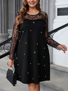 SHEIN Clasi Vestido recto elegante de trabajo, de manga larga, con cuello redondo, detalles de encaje y perlas falsas, informal para mujer de talla grande