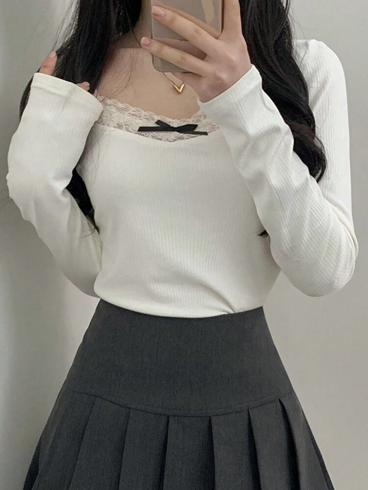Women's Contrast Lace Bow Decorated Base T-Shirt, White, Spring/Summer/Autumn Long Sleeve Women Tops,Fall Women Clothes