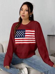 Flirla Women's Casual USA Flag Pattern Knitted Sweater, Fall/Winter - Burgundy - View 4
