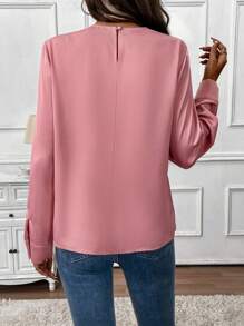 SHEIN Clasi Áo cánh cổ tròn dài tay bằng vải satin thiết kế dạng xoắn phía trước thanh lịch dành cho nữ, phù hợp cho công việc hàng ngày vào mùa xuân/thu/đông, giáo viên, v.v. - Bụi hồng - Xem 3
