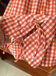 Comfortcana Plus Size Pink Plaid Bow Decor Casual Shorts, Suitable For Spring/Summer - Orange - View 3