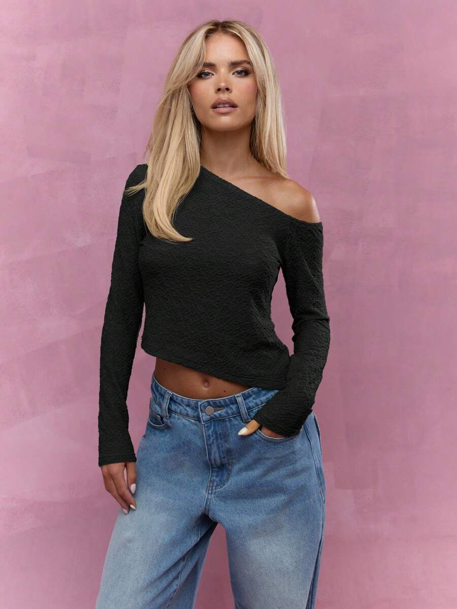 MISSGUIDED 不对称纹理露肩长袖上衣 - 黑色 - 查看 1