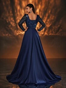 Glamrae Elegante vestido de fiesta largo de satén con destellos azules y paneles translúcidos, de manga larga, con bustier delantero, abertura lateral alta y cola de pescado plisada en la espalda. Vestido elegante para eventos formales como bodas, graduaciones, cenas. - Azul Marino - Ver 3