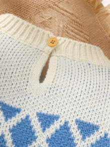 Bộ đồ liền thân cổ tròn tay dài cổ điển Fair Isle dành cho trẻ sơ sinh, vải mềm mại và ấm áp, thiết kế thay tã dễ dàng, trang phục thời trang và tiện dụng cho trẻ sơ sinh - Màu be - Xem 3