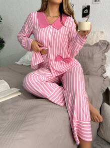 SweetSlumber Contrast Stripe Single Breasted Long Sleeve Top & Pants Women Pajama Set, Fall Winter Clothes Cozy And Elegant Details - Multicolor - View 1