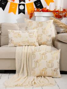 1 件天鹅绒南瓜图案装饰抱枕套适用于秋季万圣节、客厅、卧室和家居 - 金色 - 查看 2