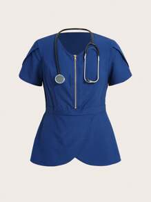 TaskEZ 2pcs Set Of Solid Color Front Zipper Short Sleeve Top And Front Tie Pants Uniform Scrub Set - Navy Blue - View 7