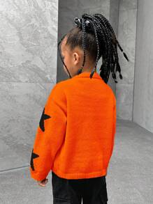 SHEIN Explorewe 年轻女孩开衫 青少年女孩毛衣 五角星圆领针织开衫，适合休闲外出和旅行，秋冬季保暖 - 橘色 - 查看 2