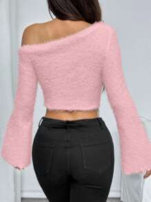 Chiquease 女士性感休闲派对毛茸茸上衣休闲打底衫冷杉高弹力针织毛茸茸不对称领口露肩开衩喇叭袖 T 恤 - 粉色 - 查看 2