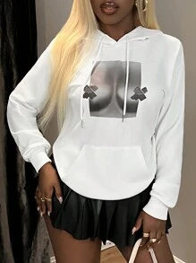 Zolique Sudadera informal con capucha, de manga larga, estampado corporal, cordón ajustable, bolsillo, para mujer, otoño e invierno